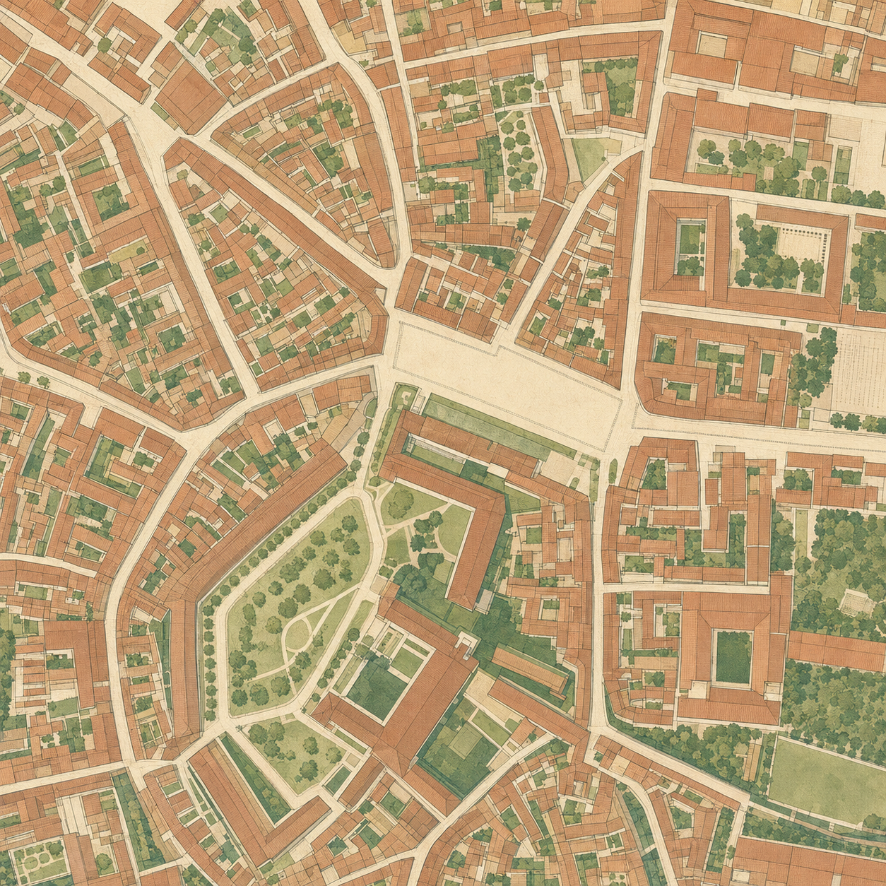 Mappa illustrata del centro storico di Vigevano, con Piazza Ducale al centro e il Castello Sforzesco nella parte bassa